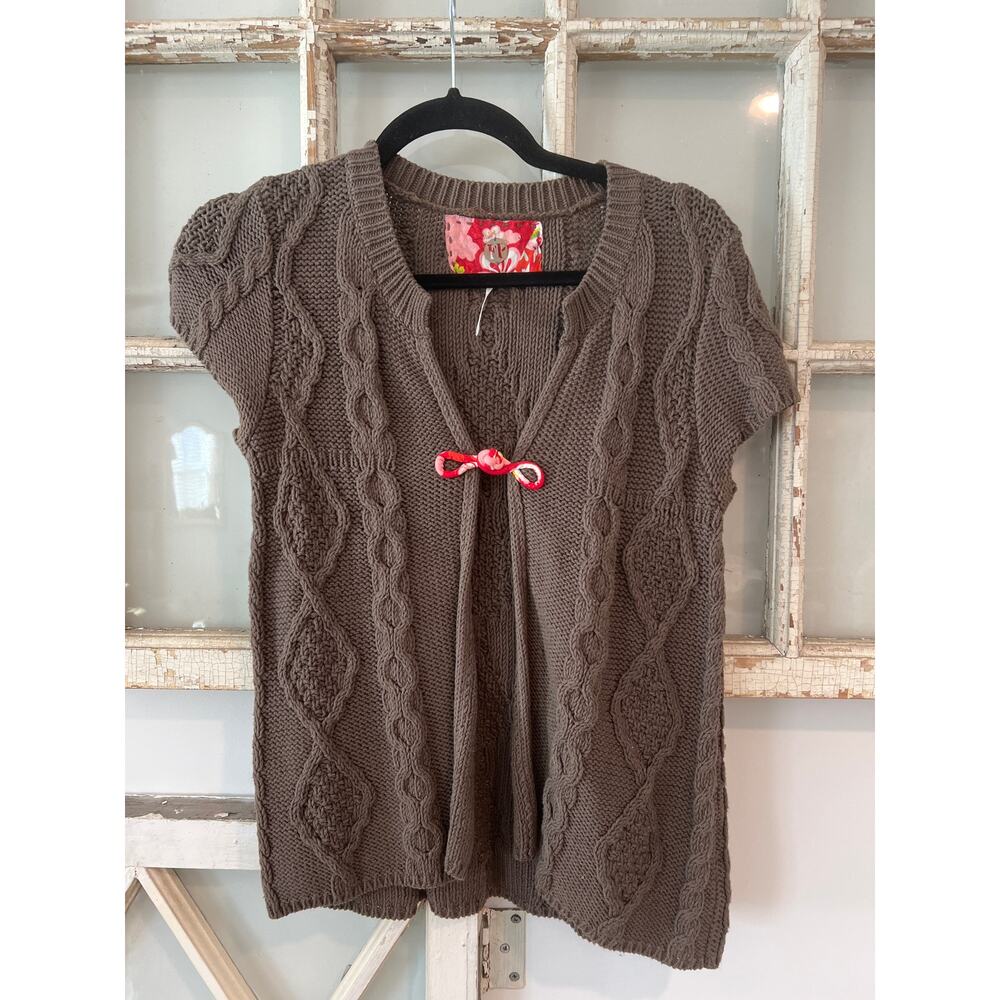 Free People size small brown cable-knit short-sleeved cardigan sweater